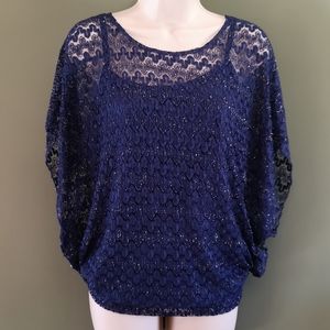 Metallic Lace Sparkle Butterfly Sleeve Banded Holiday Party Top Ricki's Sz L